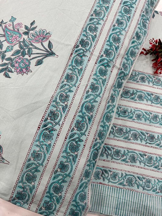 Beautiful Hand Block Printed Double Bedsheet with Two Pillow Covers