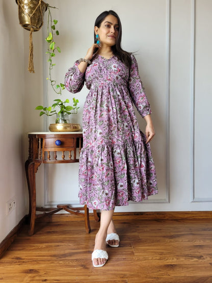 Hand block Printed Long Tier Dress