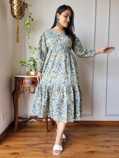 Hand block Printed Long Tier Dress