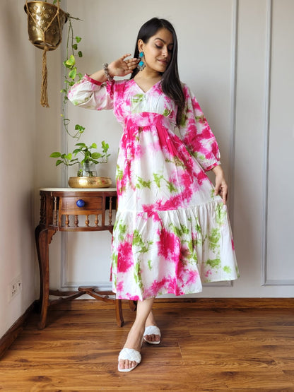 Hand block Printed Long Tier Dress