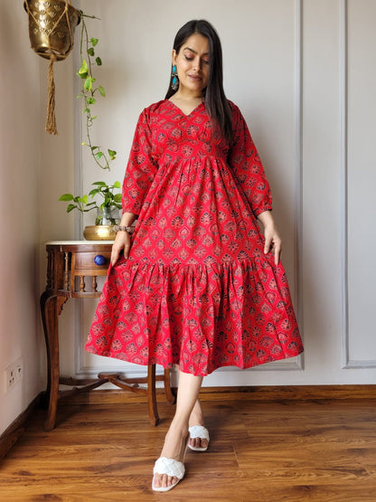 Hand block Printed Long Tier Dress