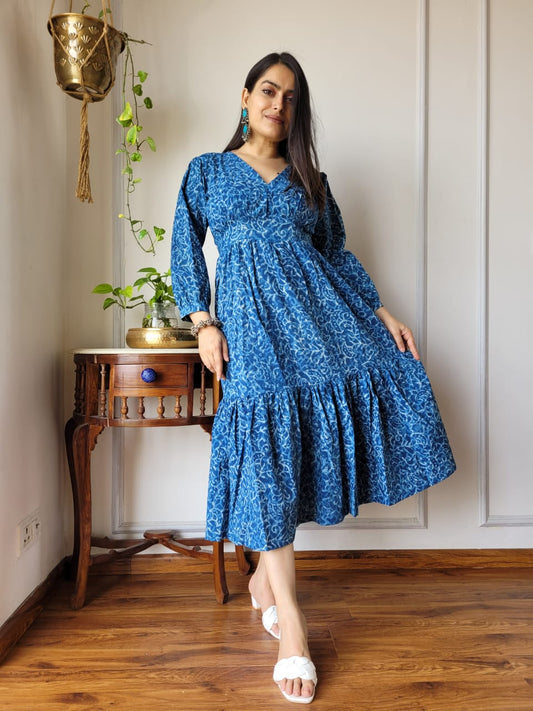 Hand block Printed Long Tier Dress