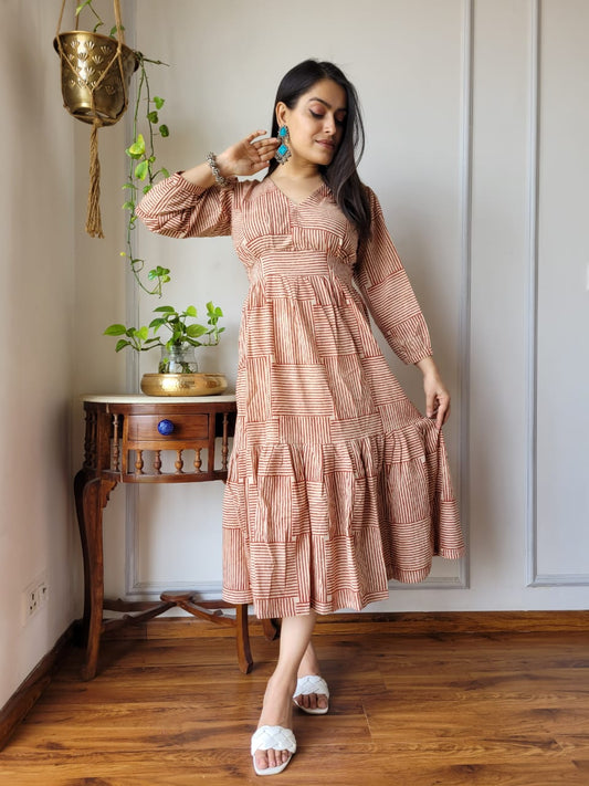 Hand block Printed Long Tier Dress