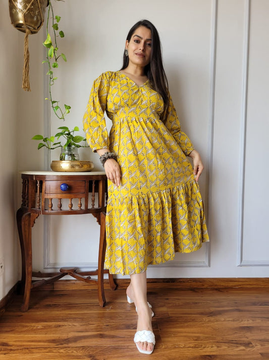 Hand block Printed Long Tier Dress