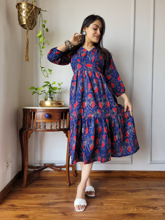 Hand block Printed Long Tier Dress