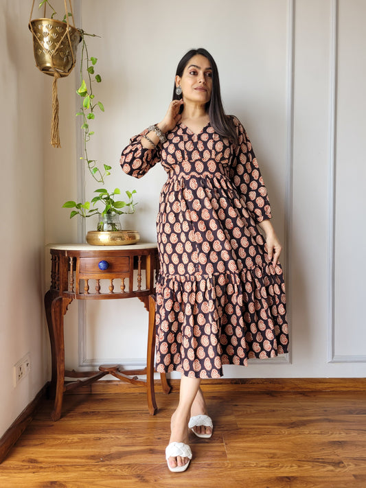 Hand block Printed Long Tier Dress