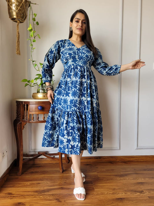 Hand block Printed Long Tier Dress