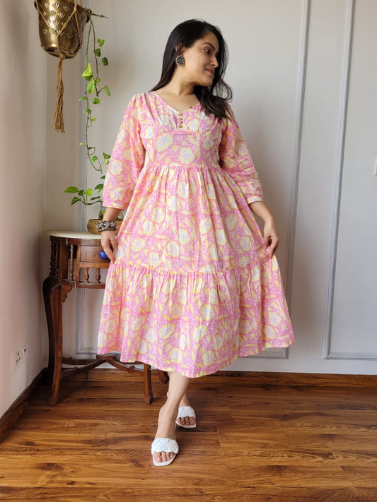 Hand block Printed Long Tier Dress