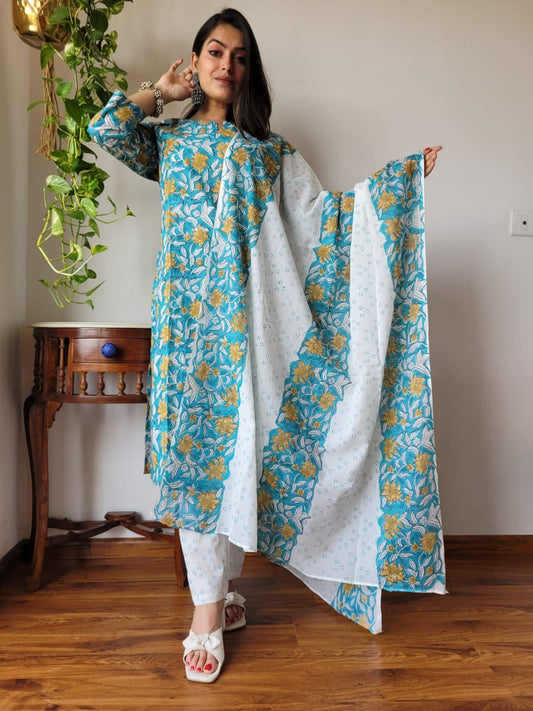 Hand Block Cotton Suits With Cotton Dupatta