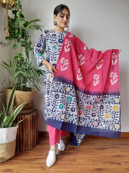 Hand Block Cotton Suits With Cotton Dupatta