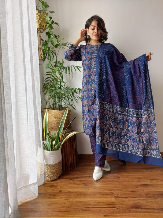 Hand Block Cotton Suits With Cotton Dupatta