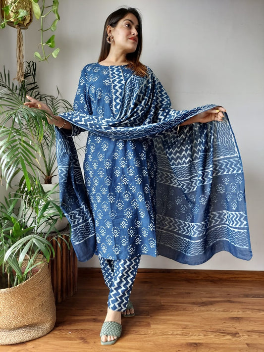 Hand Block Cotton Suits With Cotton Dupatta