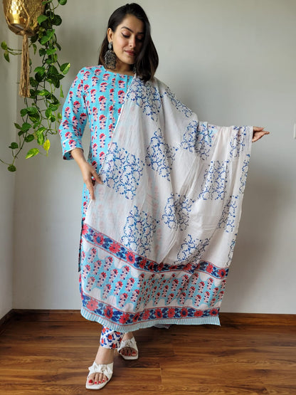 Hand Block Cotton Suits With Cotton Dupatta