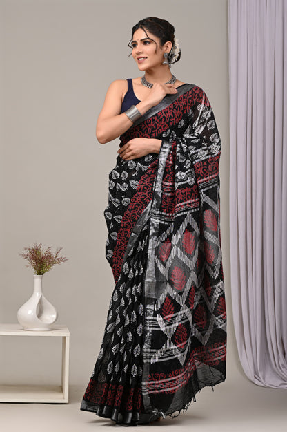 Hand Block printed Linen Saree with Blouse