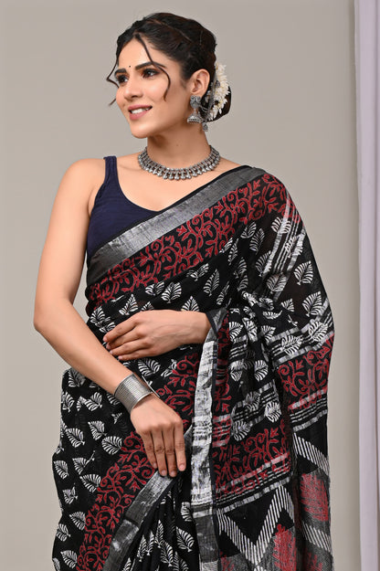 Hand Block printed Linen Saree with Blouse