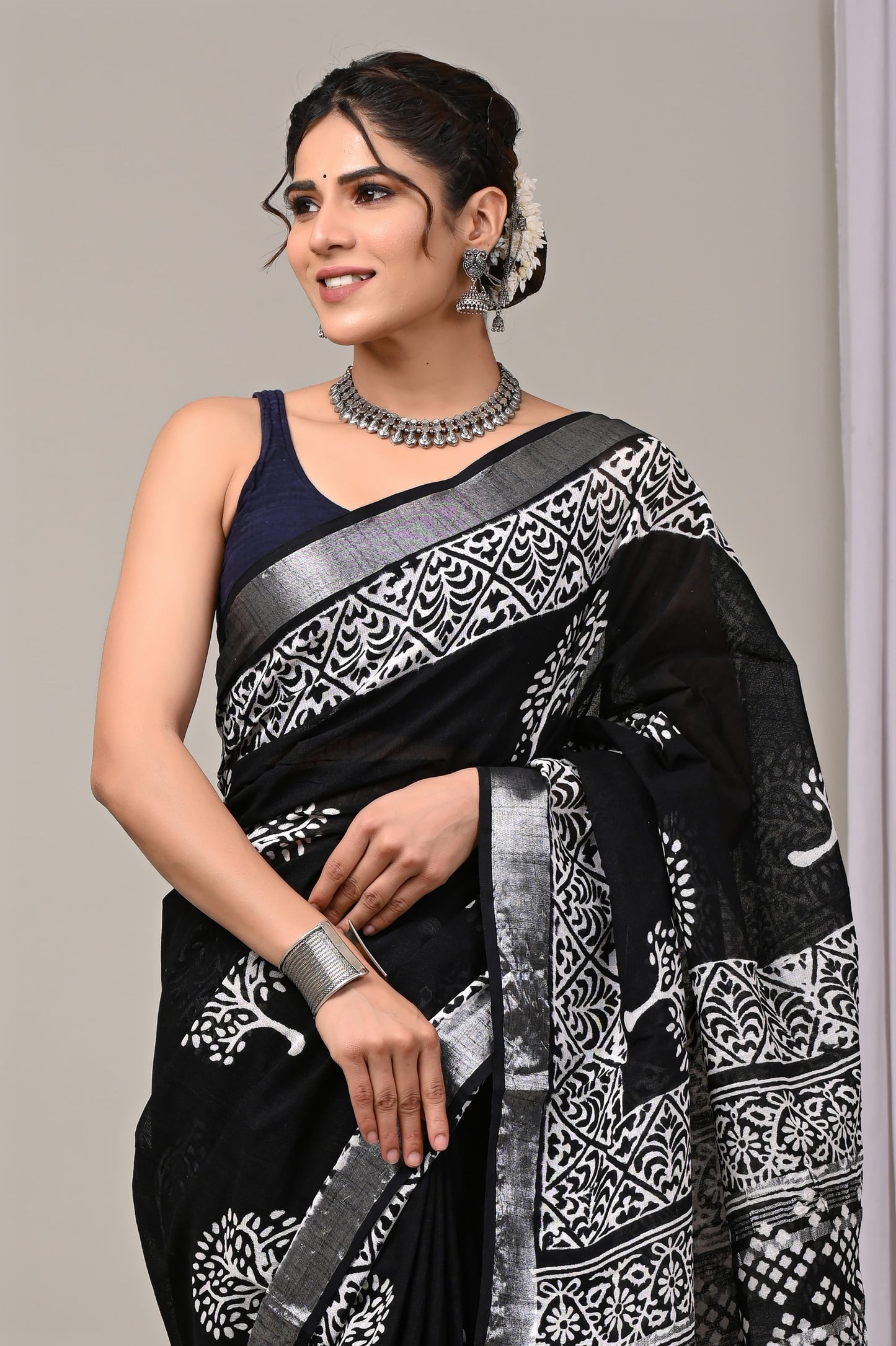 Hand Block printed Linen Saree with Blouse