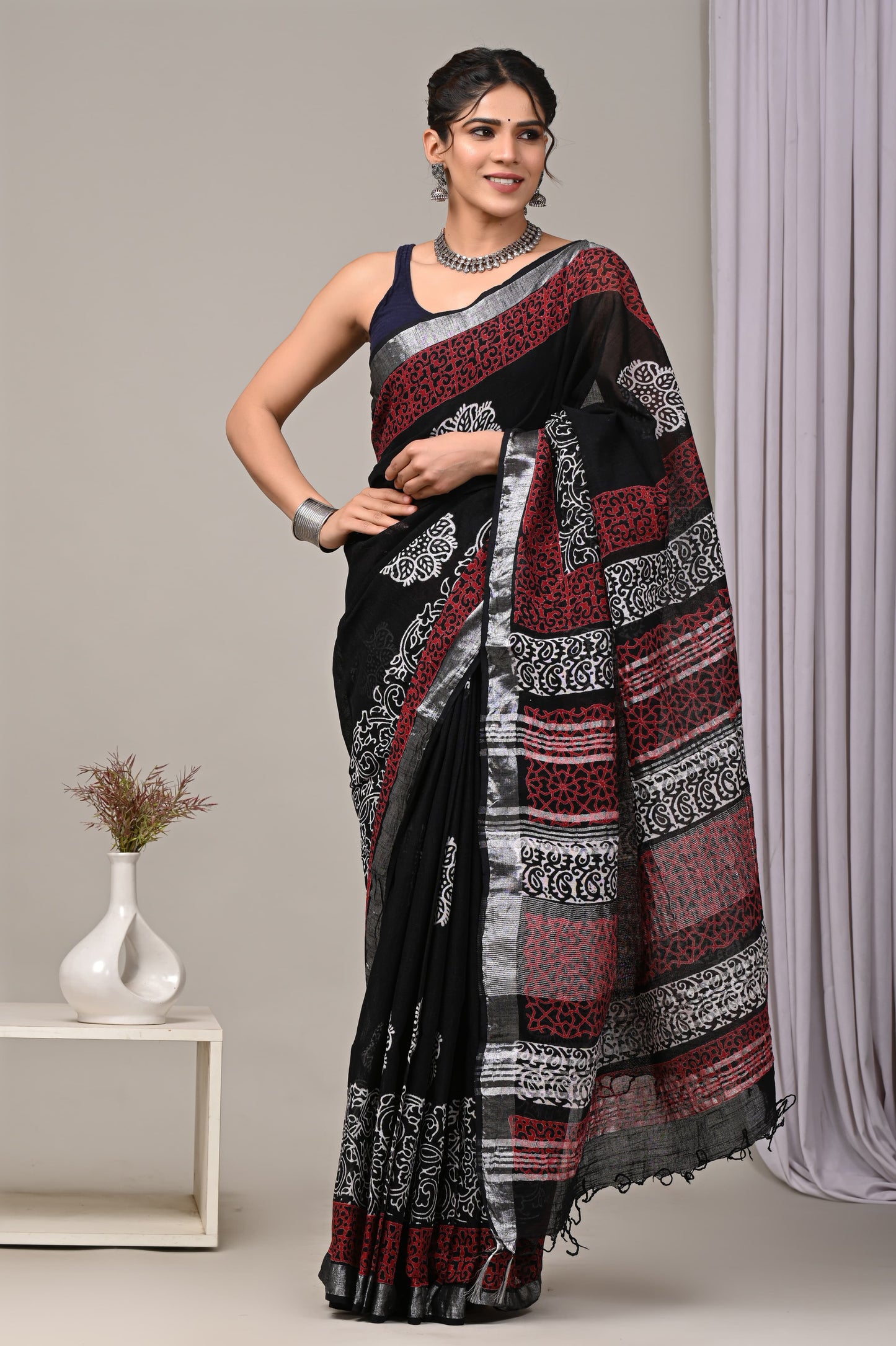 Hand Block printed Linen Saree with Blouse