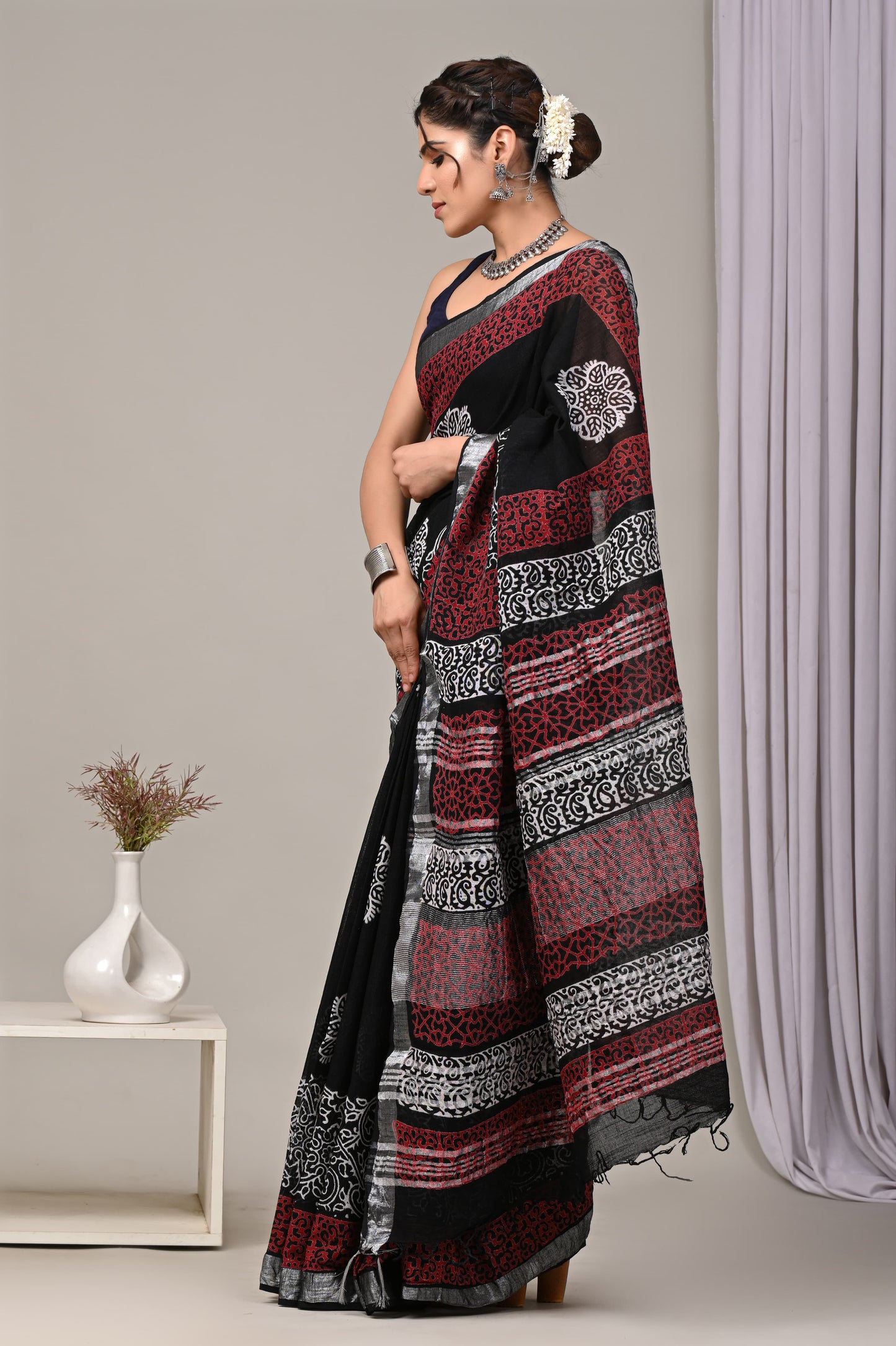 Hand Block printed Linen Saree with Blouse