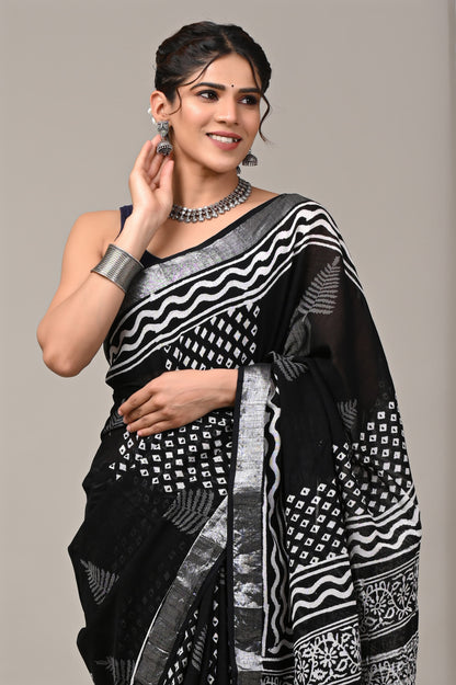 Hand Block printed Linen Saree with Blouse