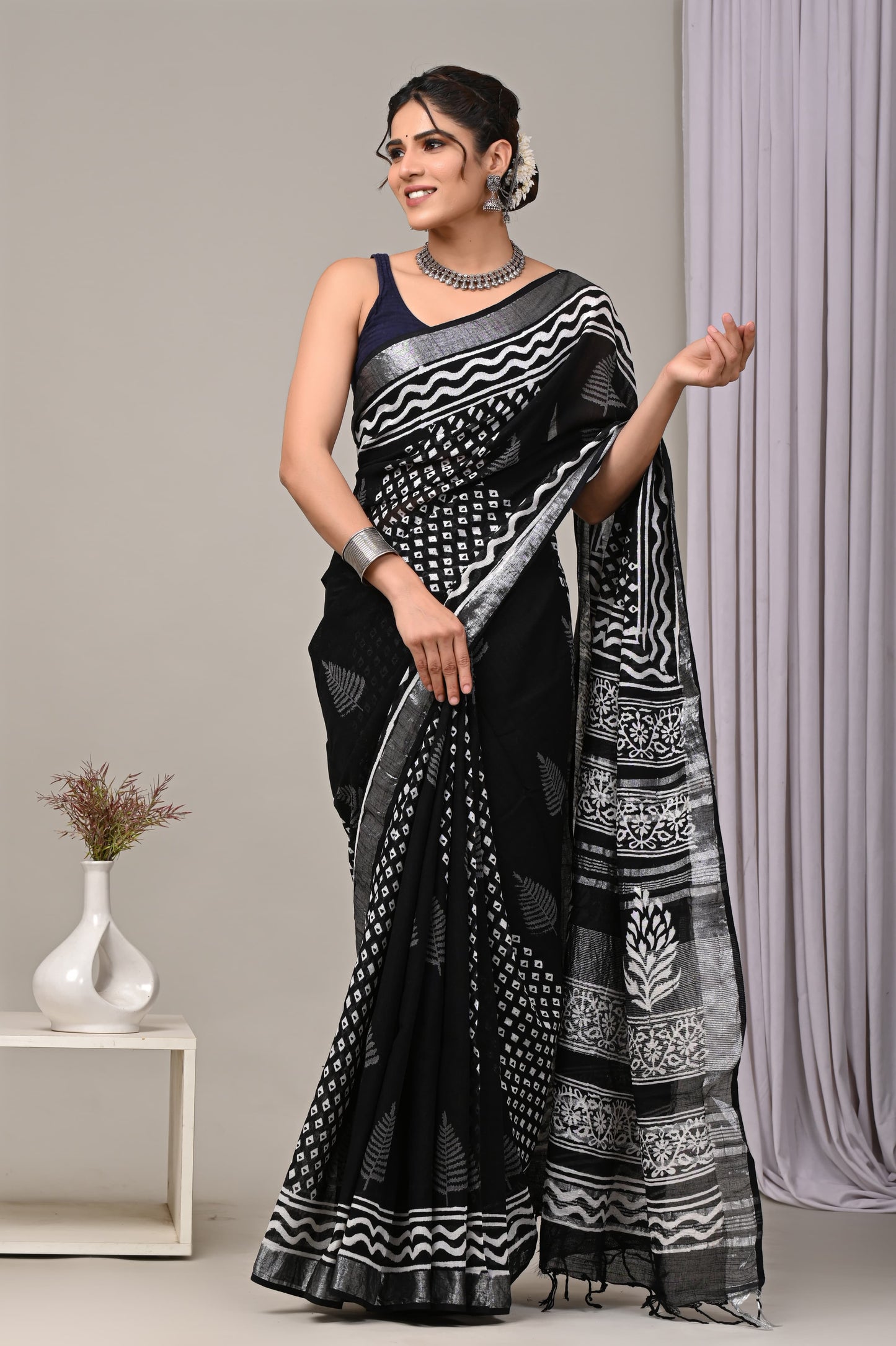 Hand Block printed Linen Saree with Blouse