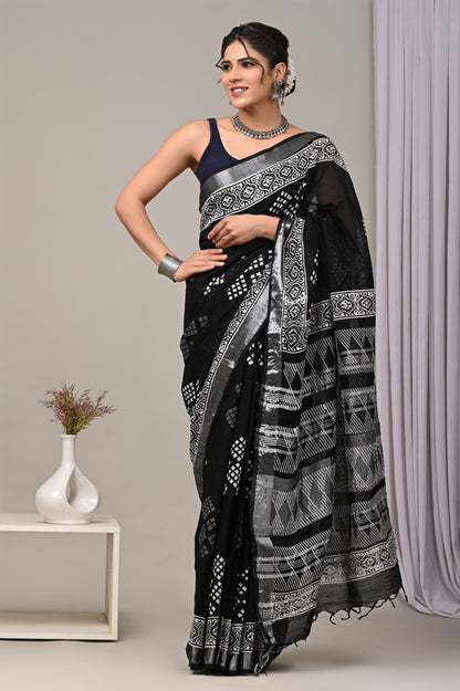 Hand Block printed Linen Saree with Blouse