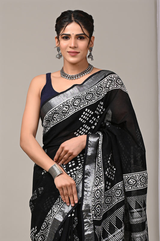 Hand Block printed Linen Saree with Blouse