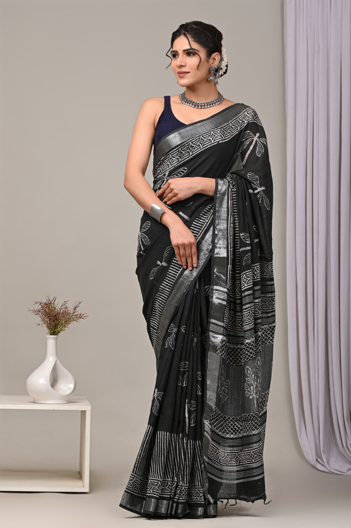 Hand Block printed Linen Saree with Blouse