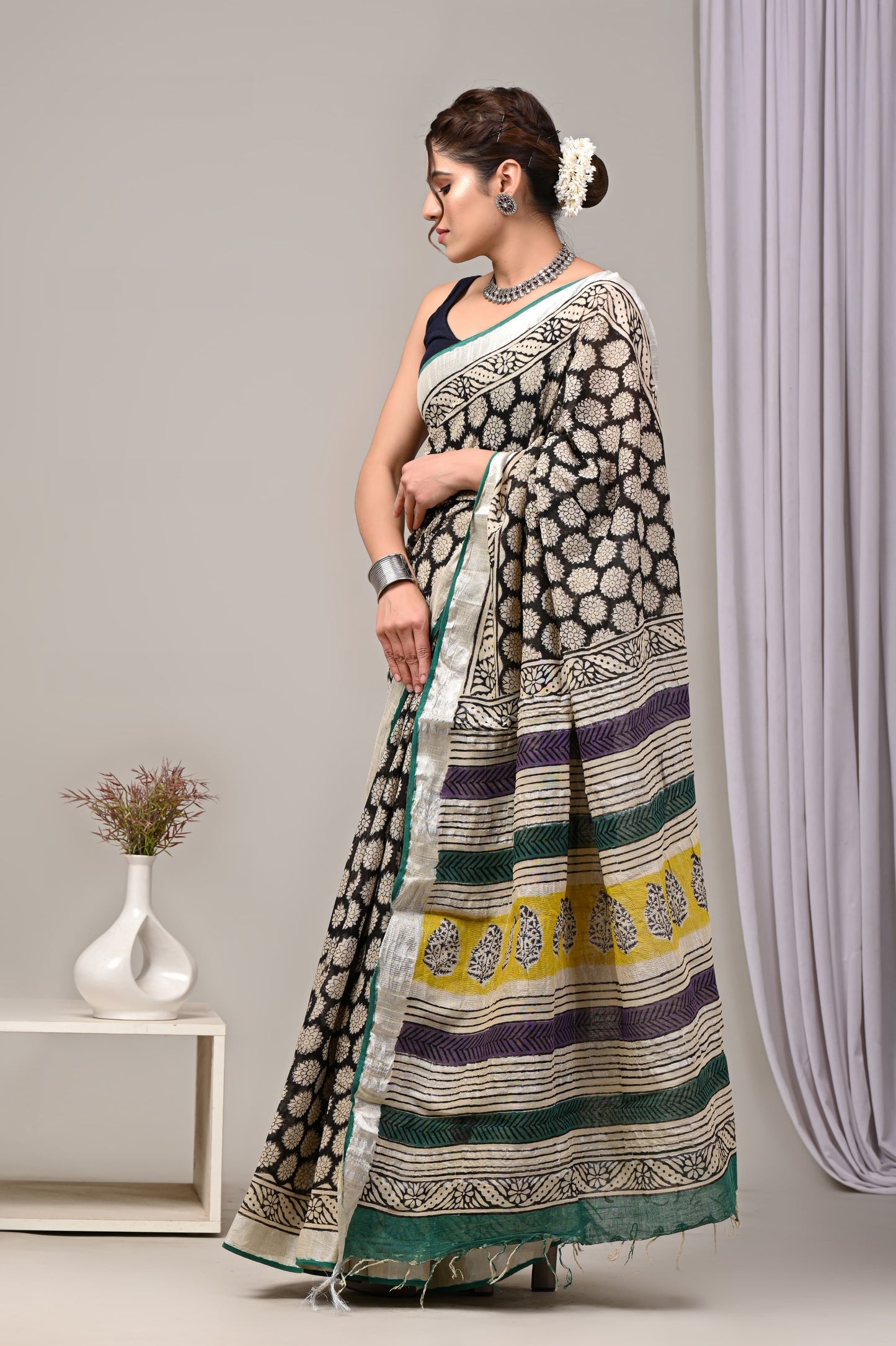 Hand Block printed Linen Saree with Blouse