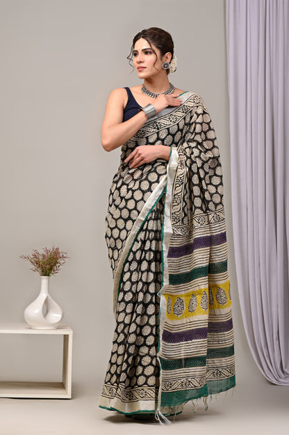 Hand Block printed Linen Saree with Blouse