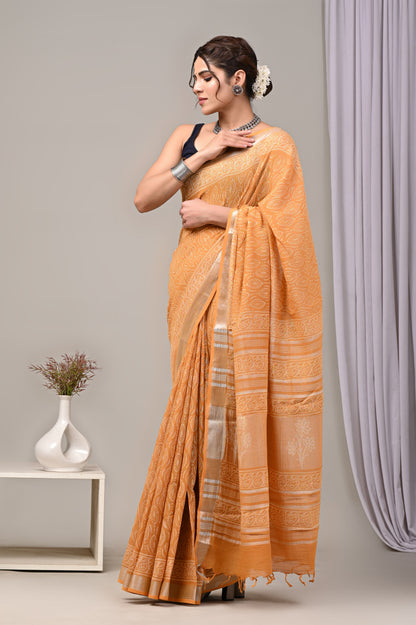 Hand Block printed Linen Saree with Blouse