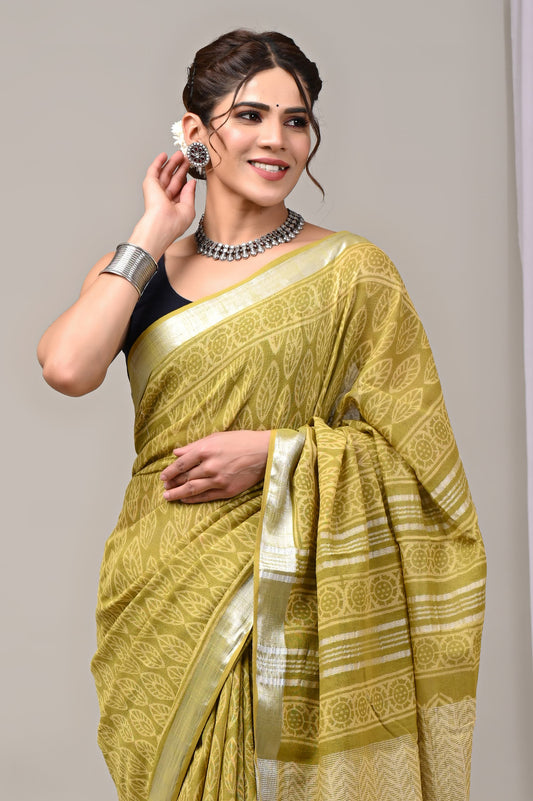 Hand Block printed Linen Saree with Blouse