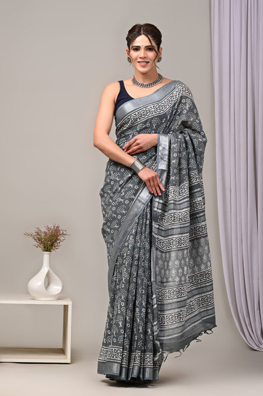 Hand Block printed Linen Saree with Blouse