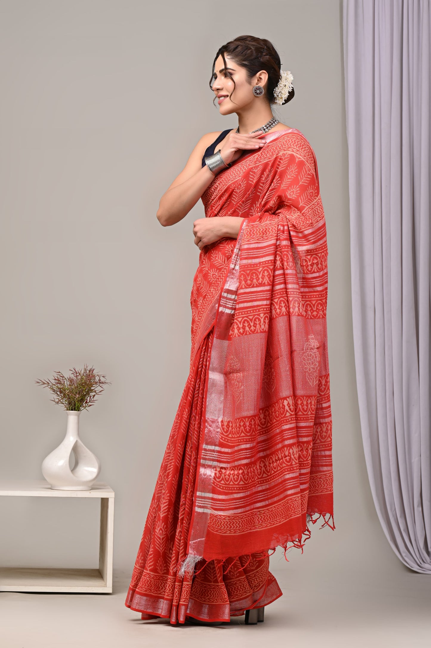 Hand Block printed Linen Saree with Blouse