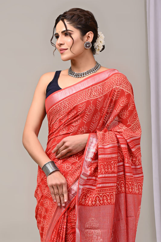 Hand Block printed Linen Saree with Blouse