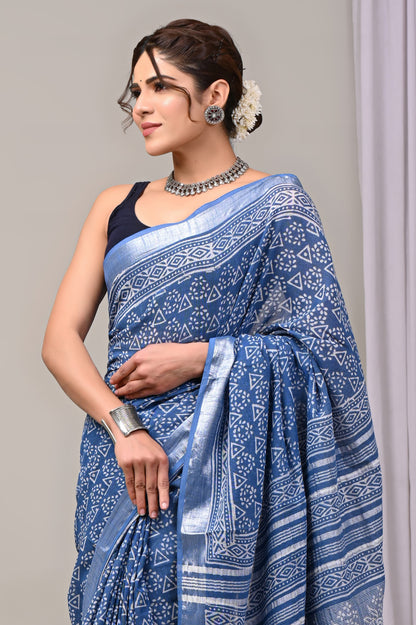 Hand Block printed Linen Saree with Blouse