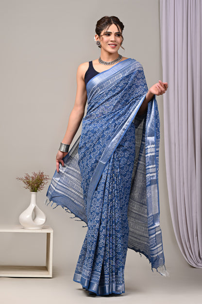 Hand Block printed Linen Saree with Blouse