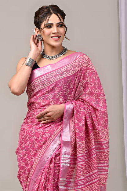 Hand Block printed Linen Saree with Blouse