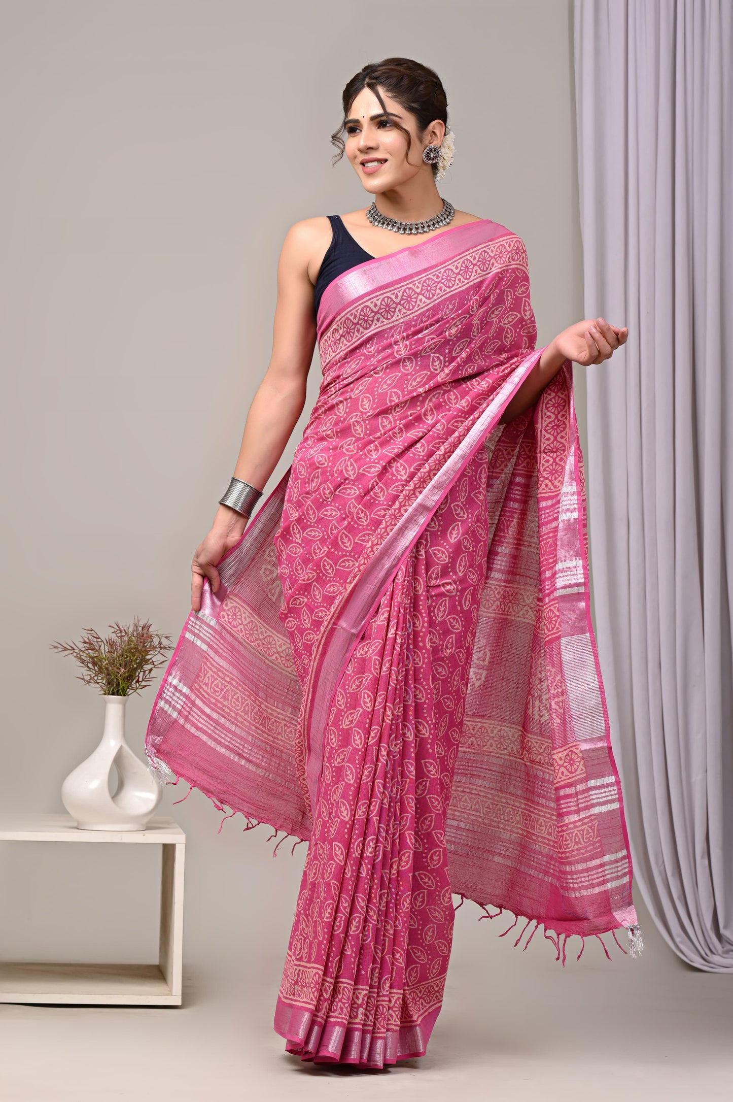 Hand Block printed Linen Saree with Blouse