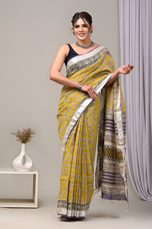 Hand Block printed Linen Saree with Blouse