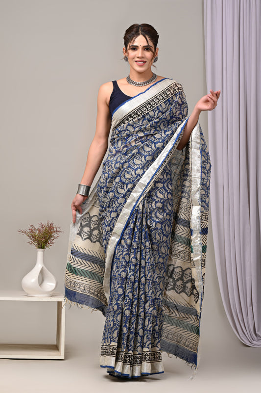 Hand Block printed Linen Saree with Blouse