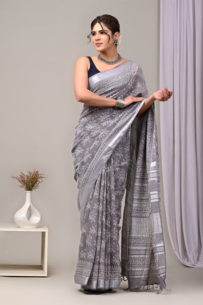 Hand Block printed Linen Saree with Blouse