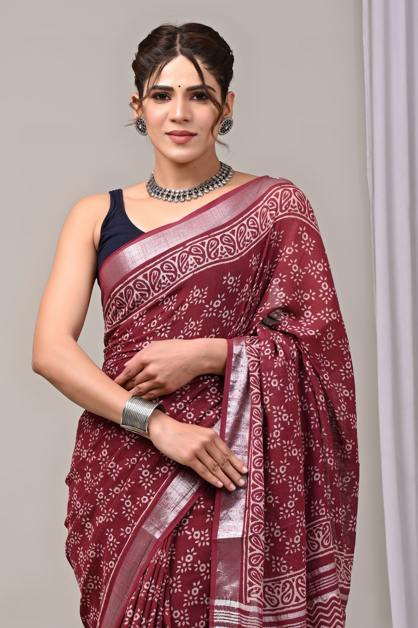 Hand Block printed Linen Saree with Blouse