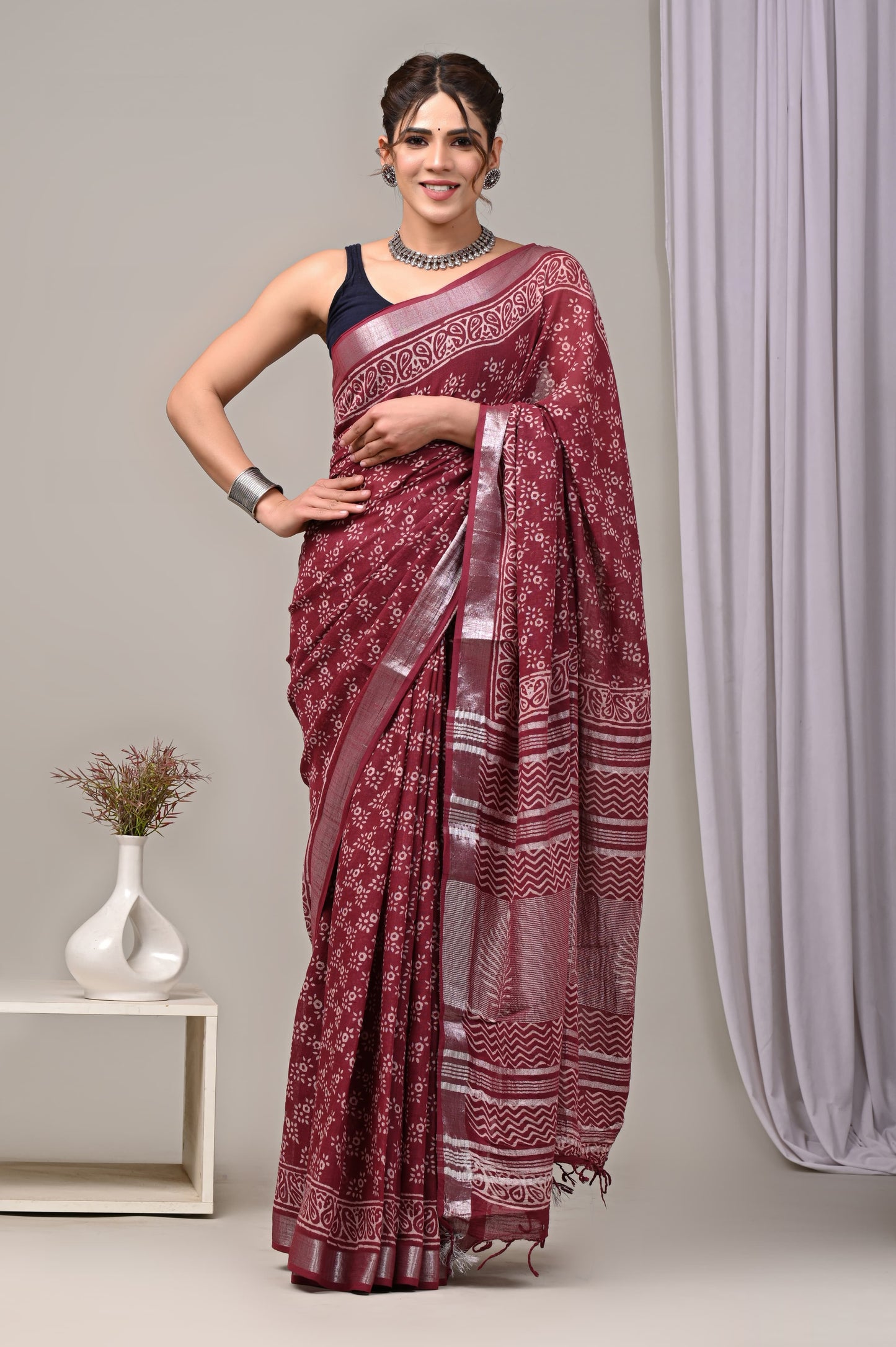 Hand Block printed Linen Saree with Blouse