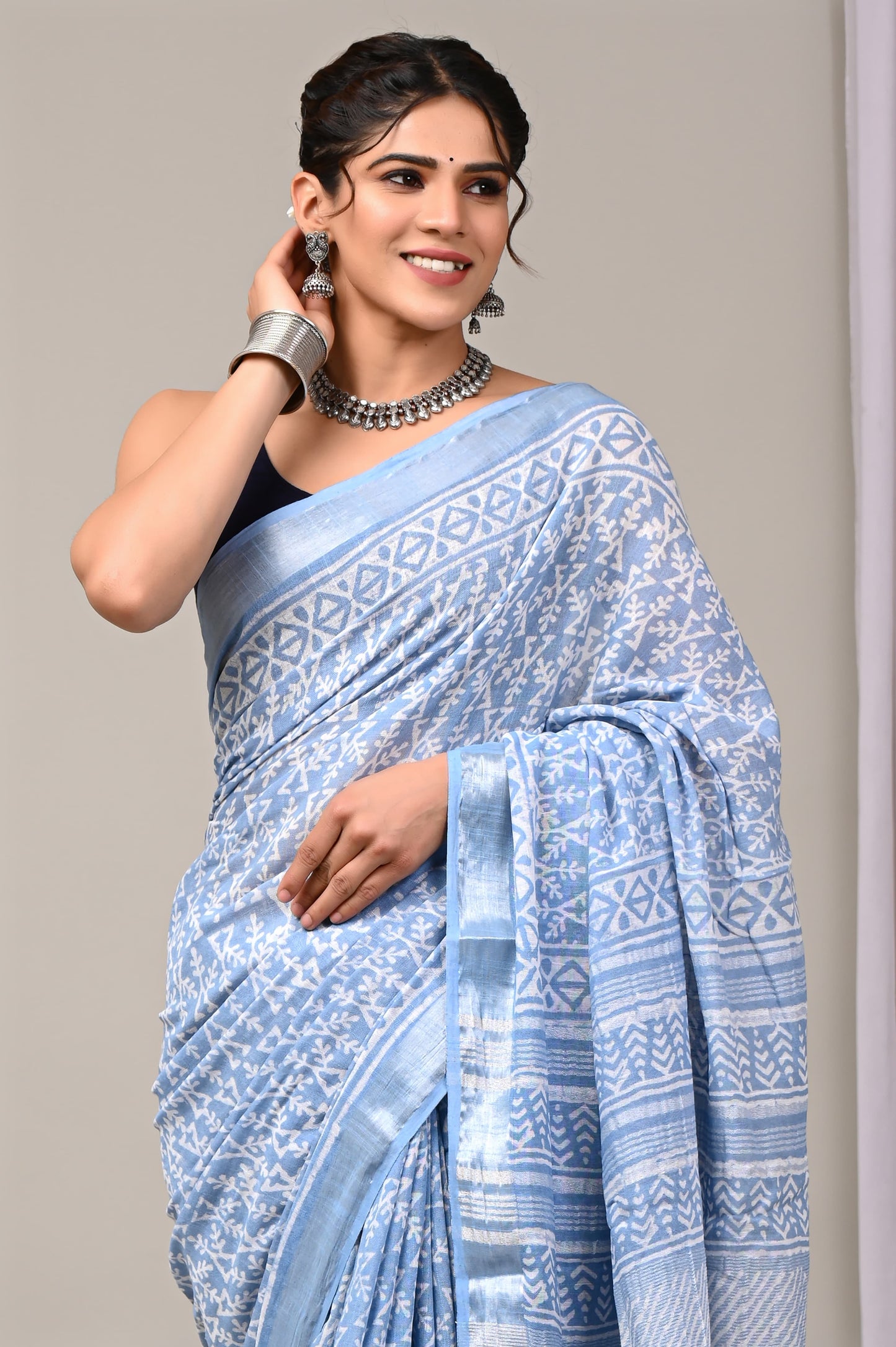 Hand Block printed Linen Saree with Blouse