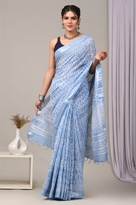 Hand Block printed Linen Saree with Blouse