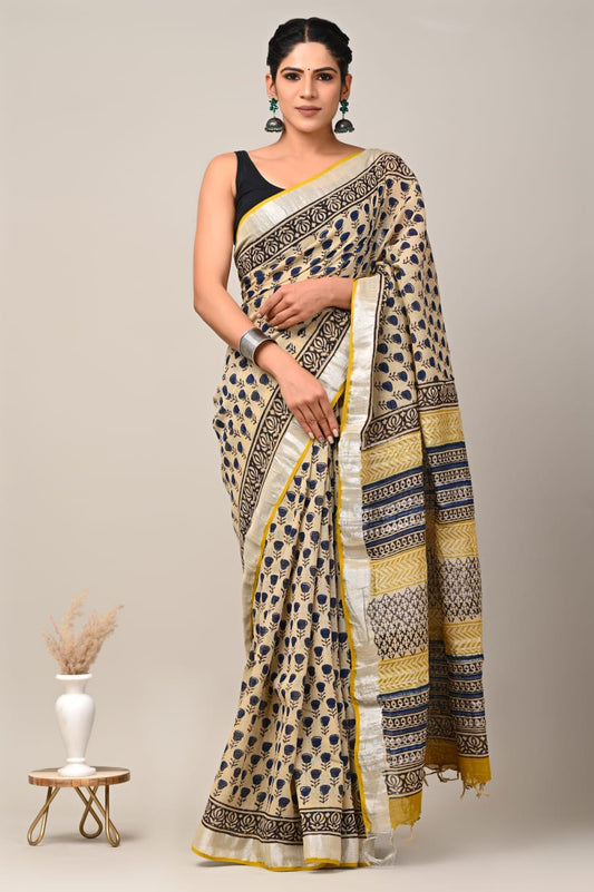 Hand Block printed Linen Saree with Blouse