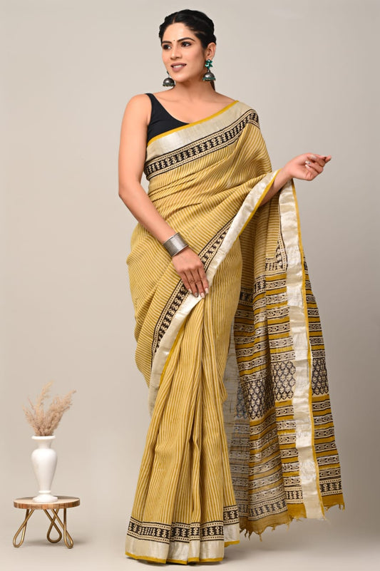 Hand Block printed Linen Saree with Blouse