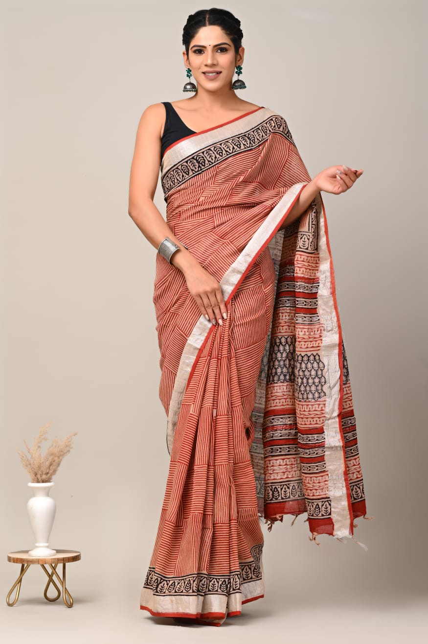 Hand Block printed Linen Saree with Blouse