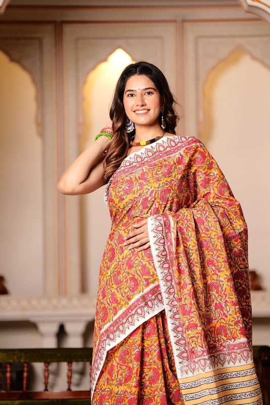 Pure Organic Cotton Mulmul Saree With Blouse