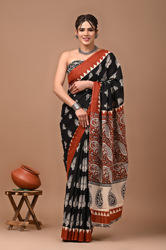 Printed Mulmul Cotton Saree With Pom Pom Lace